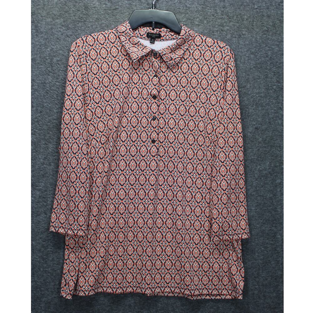 Talbots Women 1X Top 3/4 Sleeve Geometric Print Blouse Collared Stretch